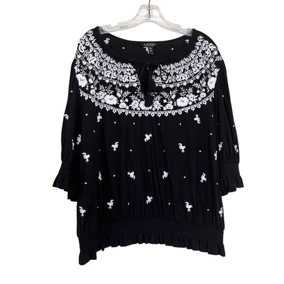 Lauren Ralph Lauren Black White Floral Embroidered Smocked Peasant Top Size 2X - Picture 4 of 11